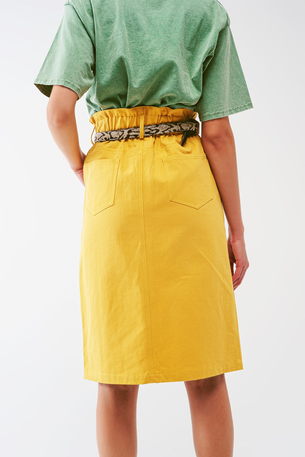 Paper Bag Waist Straight Skirt With Front Slit in Yellow - Skirts