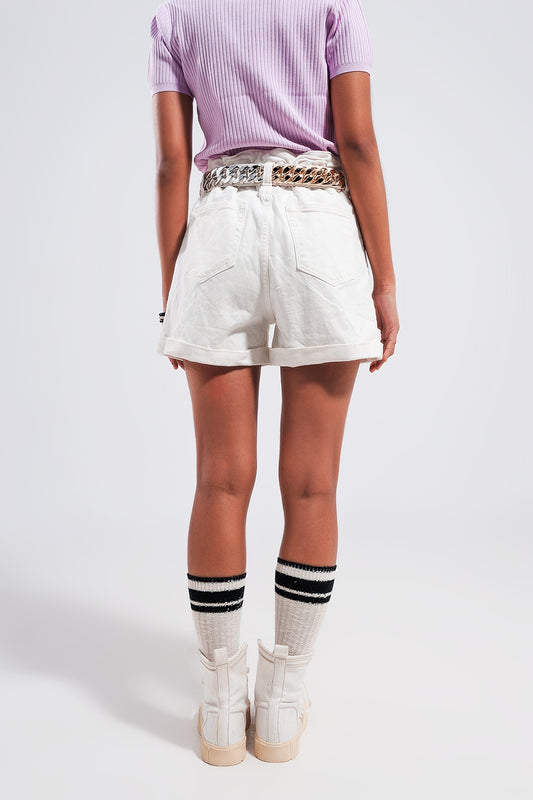 Paperbag denim short in optic white - Trousers