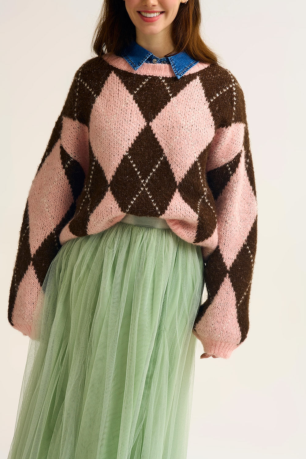 Pink and Brown Argyle Knit Sweater with Voluminous Sleeves - Sweaters