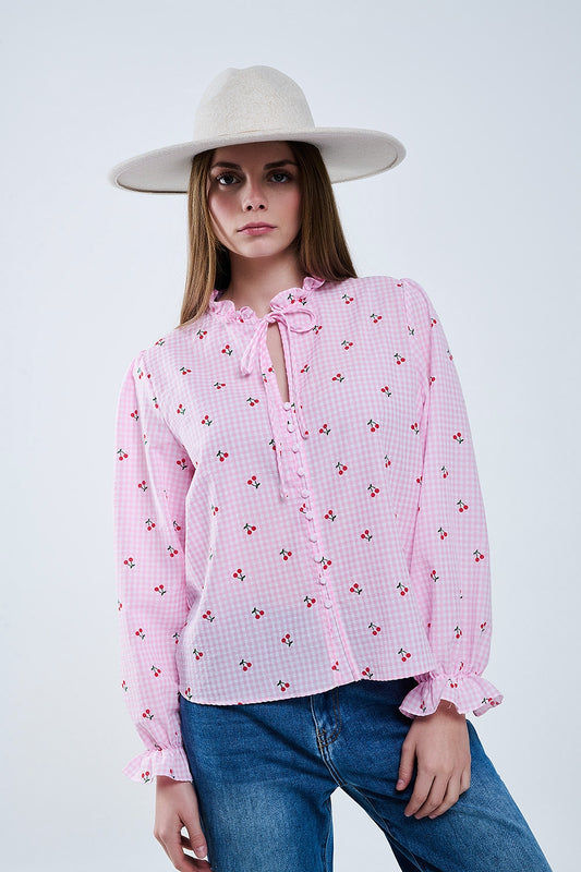 Pink Blouse with Cherry Details and Tied Bow - Blouses