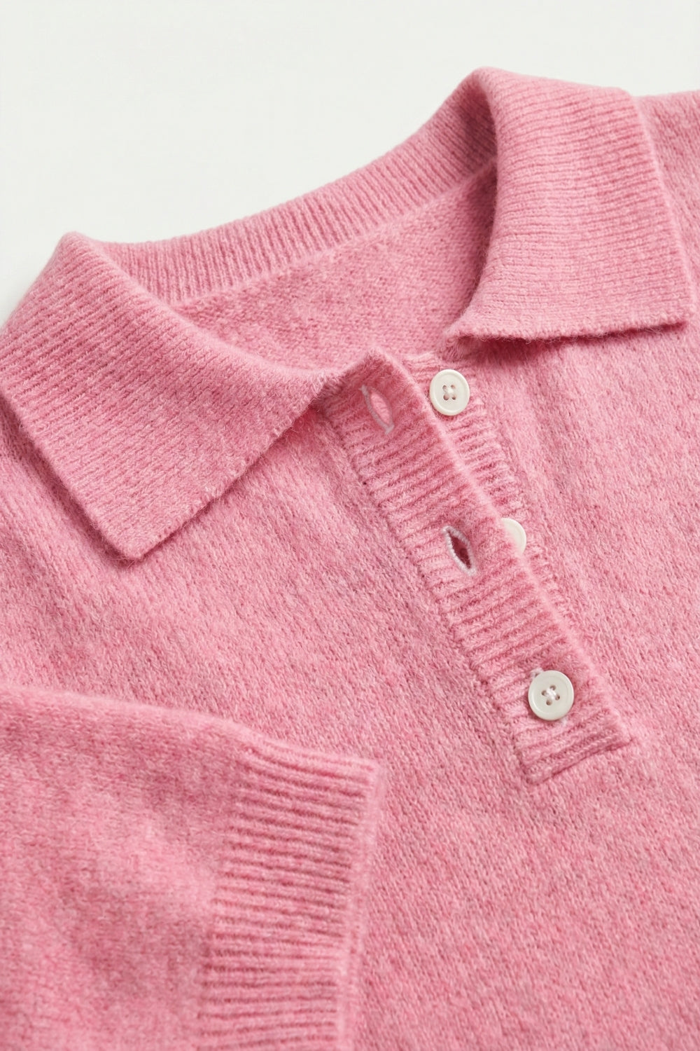 Pink Fluffy Soft-Knit Polo Sweater - Polos