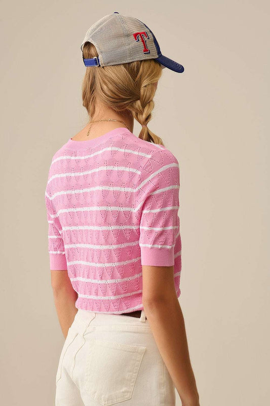 Pink Openwork Knit Top with Short Sleeves and White Stripes - Jumpers