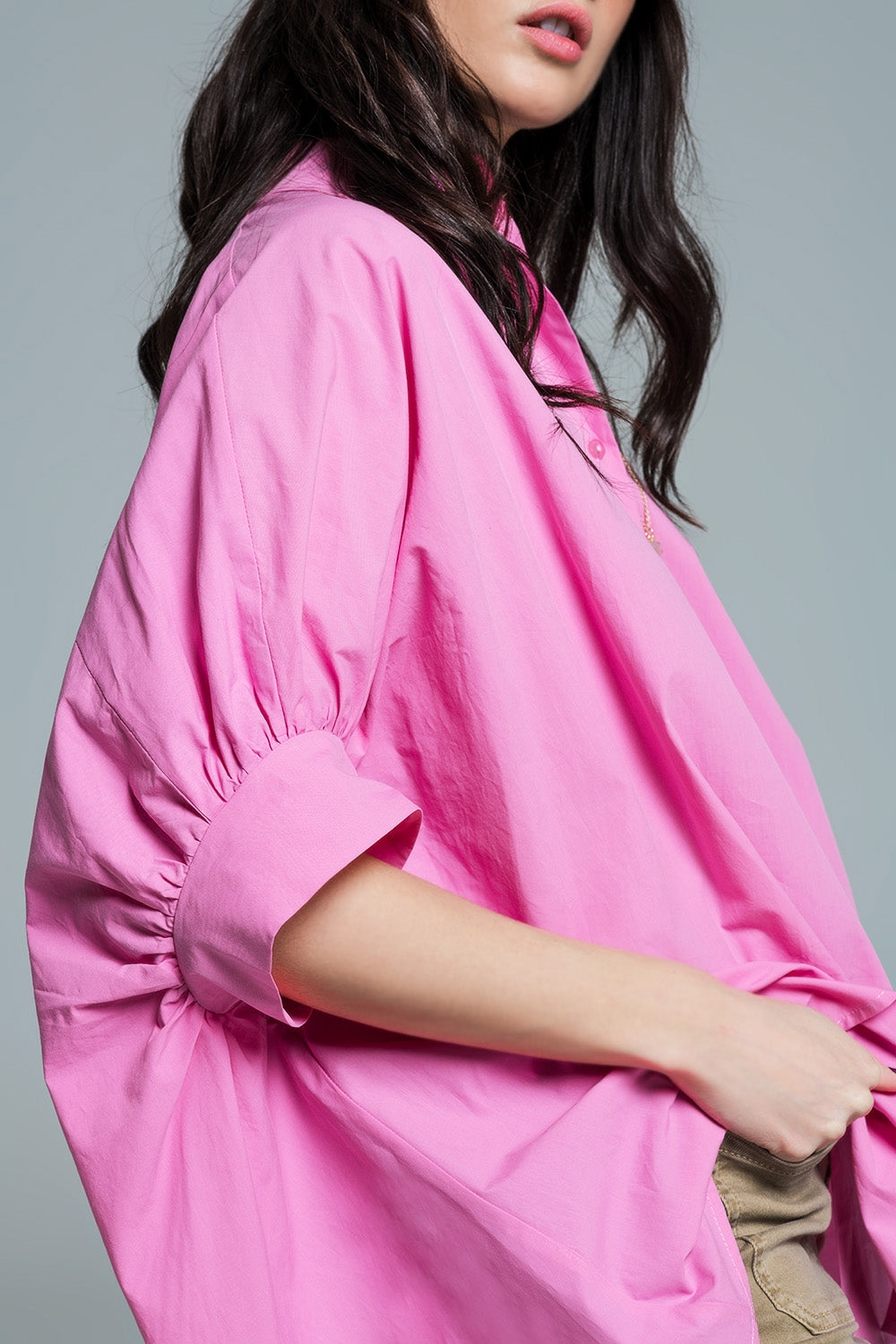 Pink oversized blouse with short sleeves - Blouses