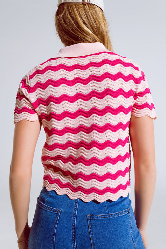 Pink polo with fuchsia wavy stripes - Polos