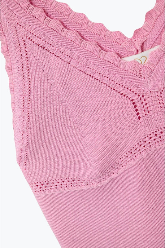 Pink Ribbed Knit Top with Scalloped V-Neck - Tops