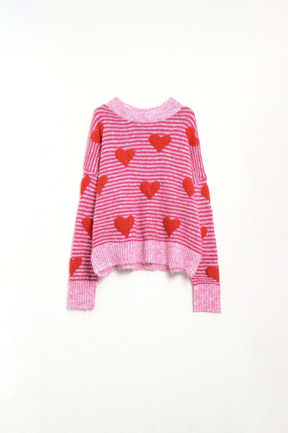 pink striped Sweater with hearts in red color - Sweaters