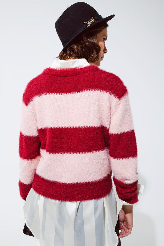 Pink sweater with stripes and a crew neck - Jumpers