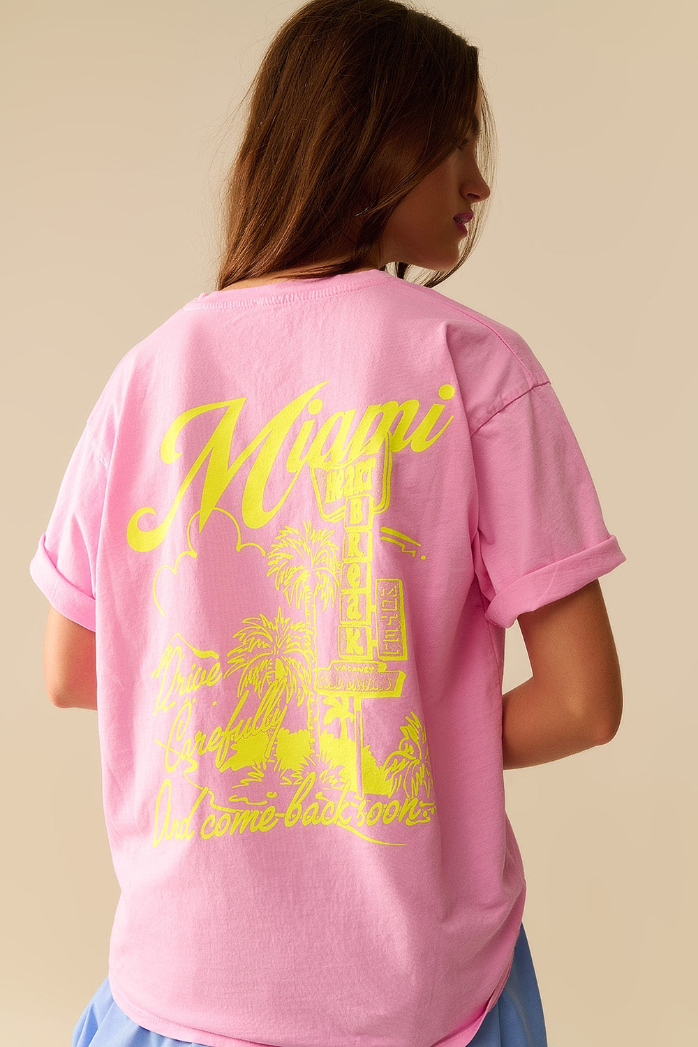 pink T-shirt with Miami logo print in yellow - T-Shirts