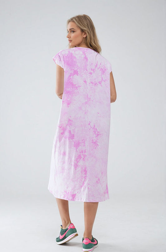 Pink Tie Dye Midi Shirt Dress - Dresses