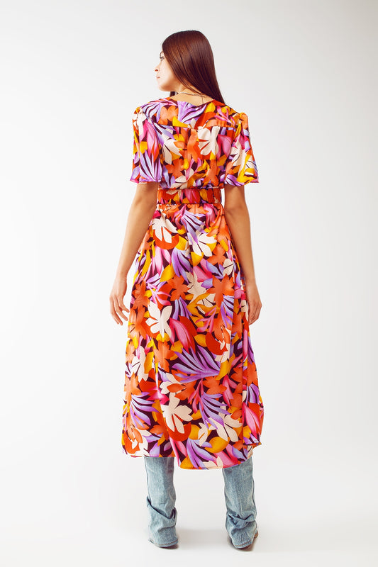 Pleated Maxi V Neck Dress in Multicolour - Dresses