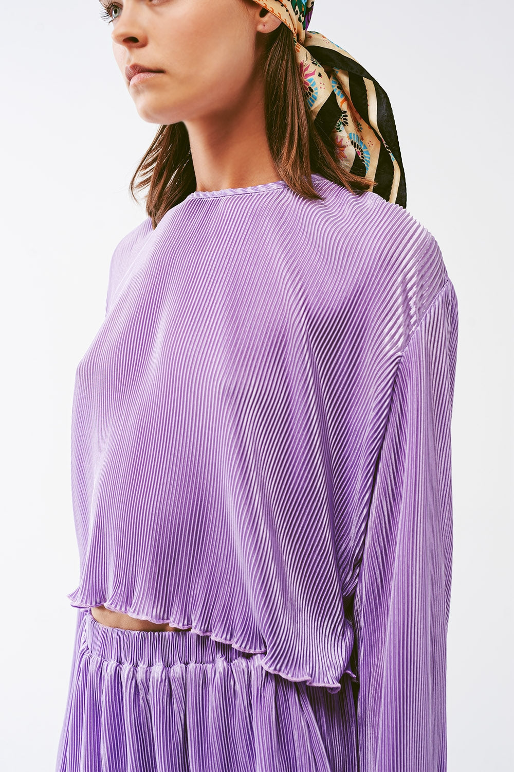 Pleated Round Neck Crop Top in lilac - Tops