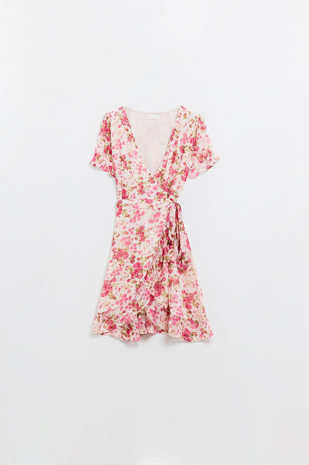 Plumetti Short Wrap Dress in Pink Floral Print - Dresses