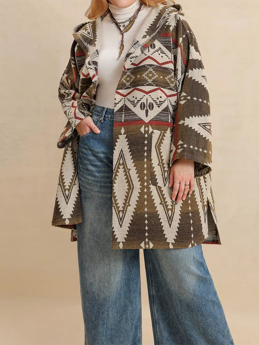 Plus Size Aztec Print Hooded Open Front Cardigan - Cardigans