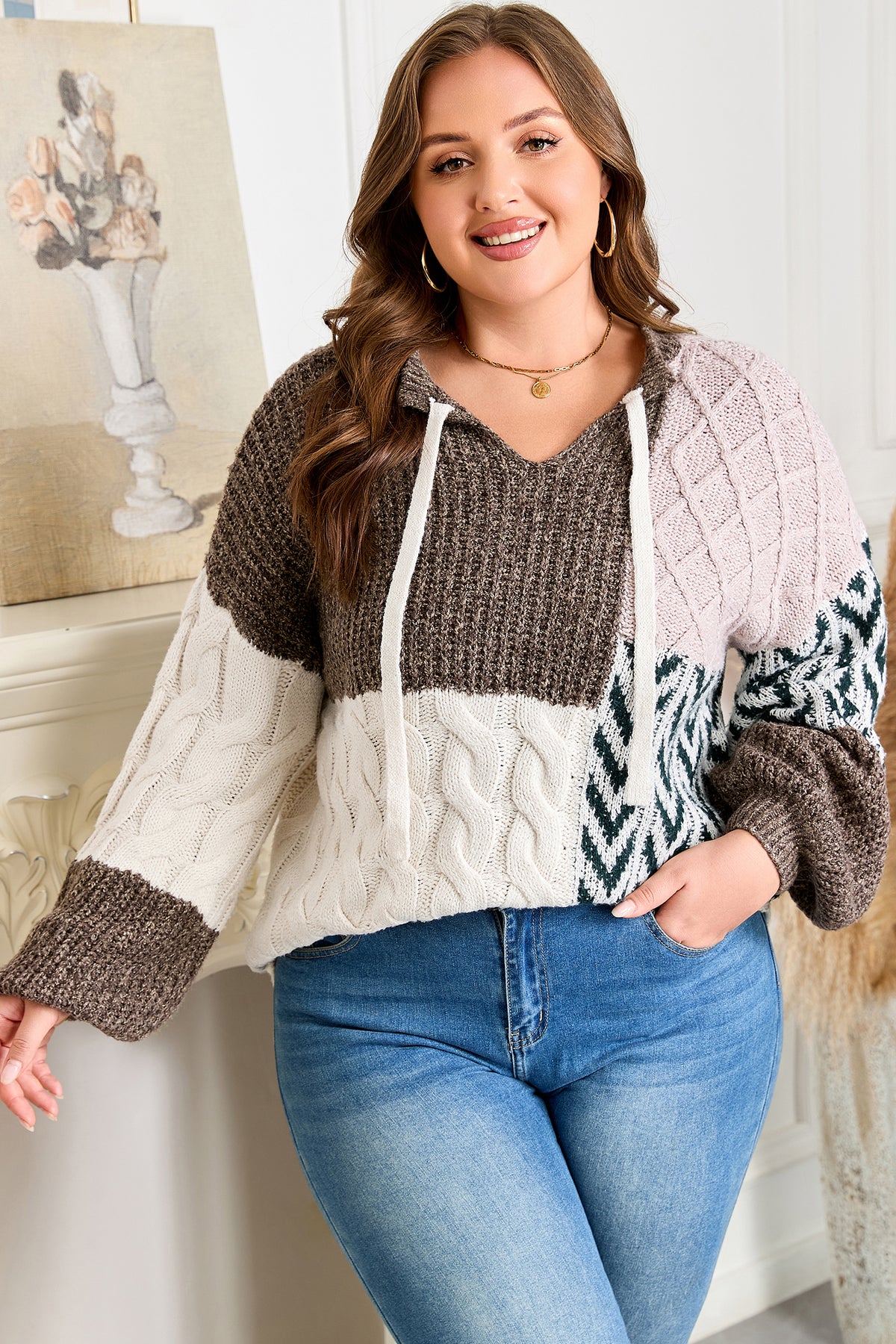 Brown Plus Size Color Block Patchwork Knotted Back Loose Fit Sweater - Plus Size/Plus Size Sweaters & Cardigans