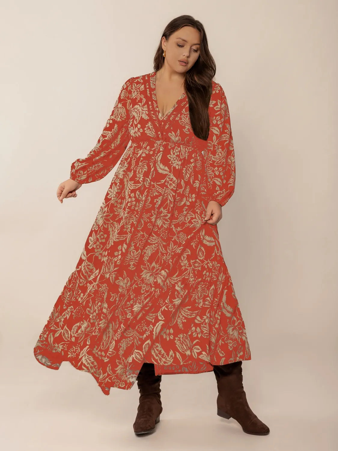 Plus Size Lace Detail Printed Balloon Sleeve Midi Dress - Dresses