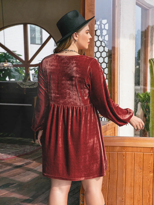 Plus Size Lace Detail V-Neck Long Sleeve Mini Dress - Dresses