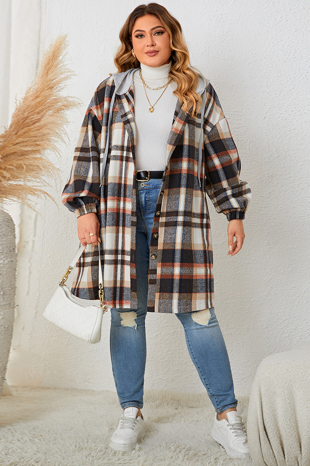 Honey Plus Size Plaid Drop Shoulder Hooded Coat - Coats