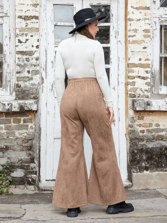 Plus Size Pocketed Flare Pants in Chic Brown - Trousers