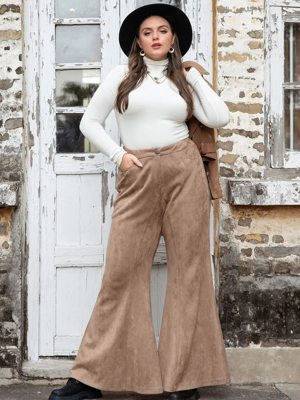 Plus Size Pocketed Flare Pants in Chic Brown - Trousers
