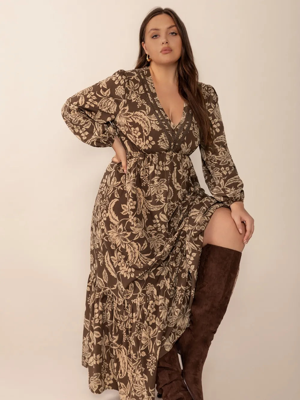 Plus Size Printed V-Neck Balloon Sleeve Maxi Dress - Dresses