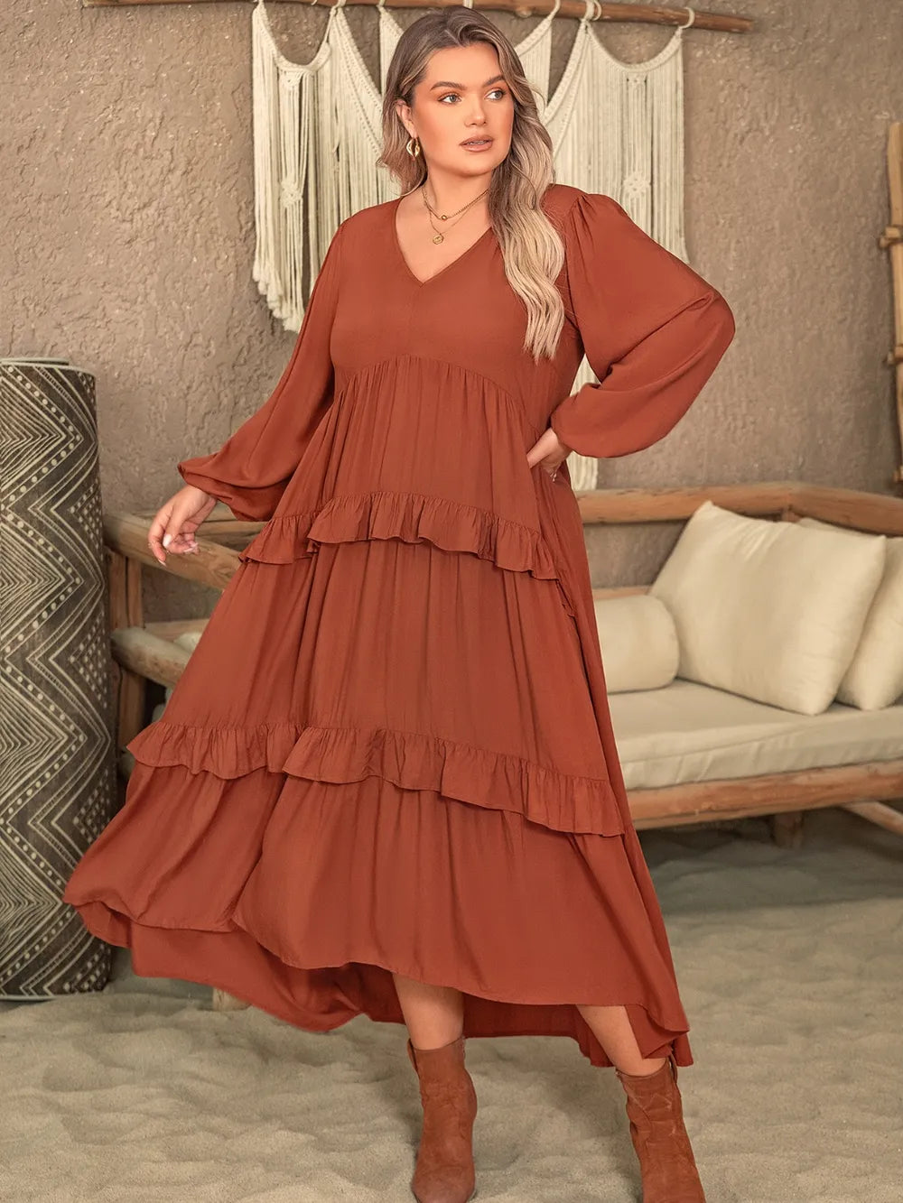 Plus Size Ruffled V-Neck Balloon Sleeve Dress - Dresses