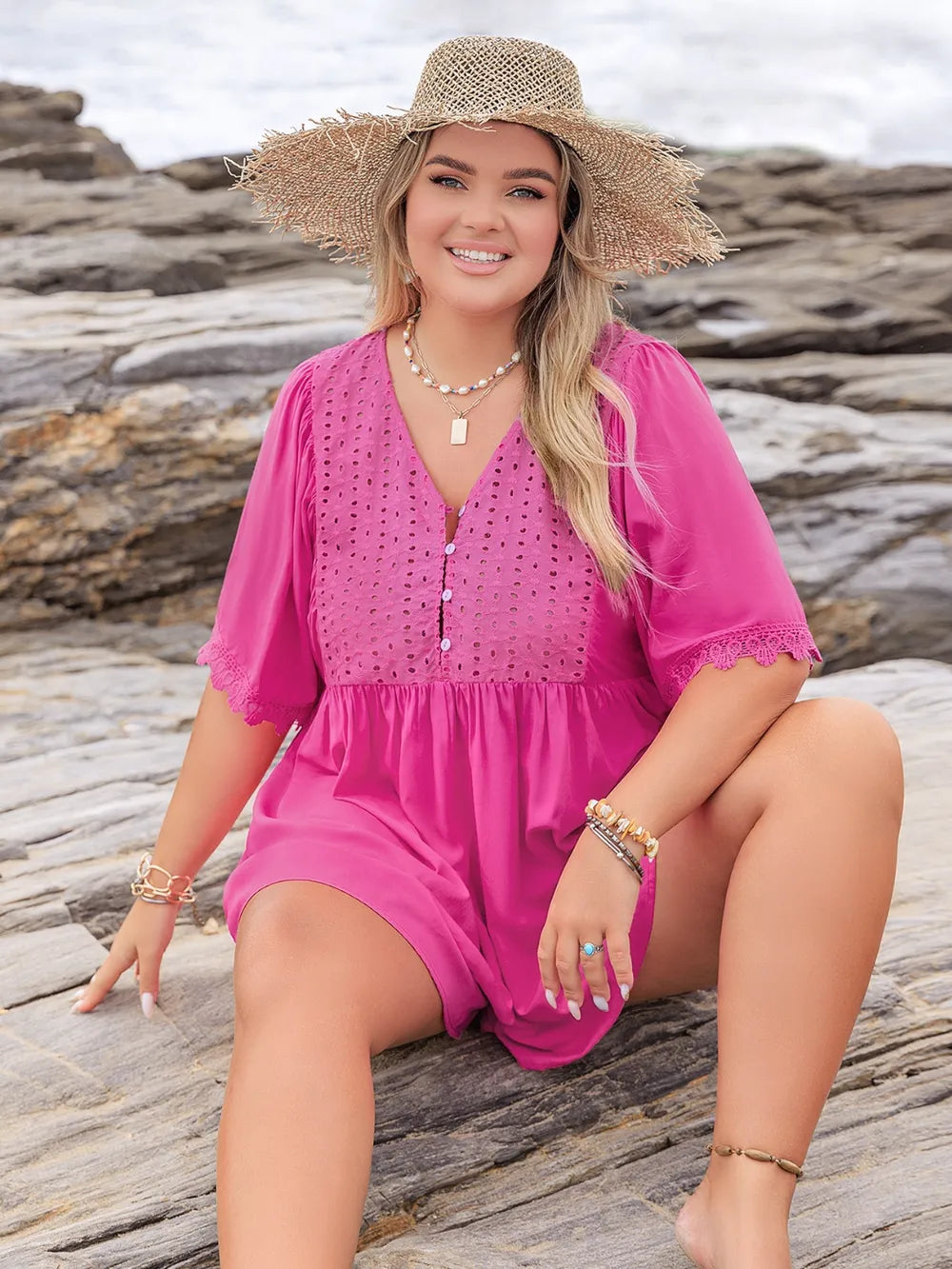 Plus Size Lace Detail V-Neck Half Sleeve Romper - One-piece