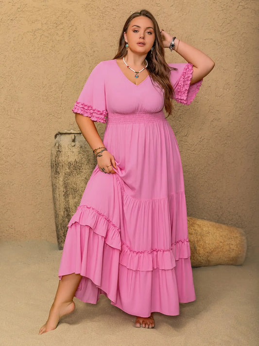 Plus Size V-Neck Half Sleeve Maxi Dress - Dresses