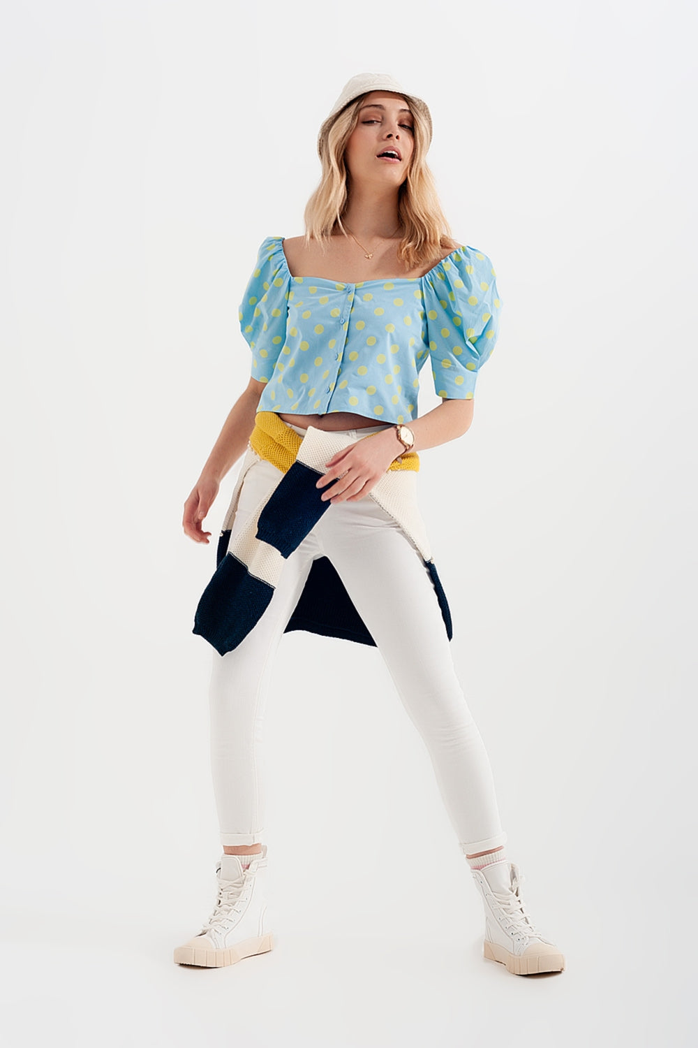 Polka dot top with puffed sleeves and square neckline blue and green - Tops