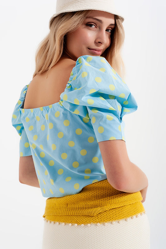 Polka dot top with puffed sleeves and square neckline blue and green - Tops
