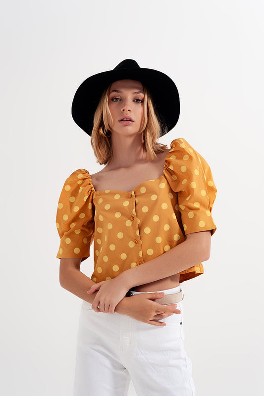 Polka dot top with puffed sleeves and square neckline in yellow - Tops