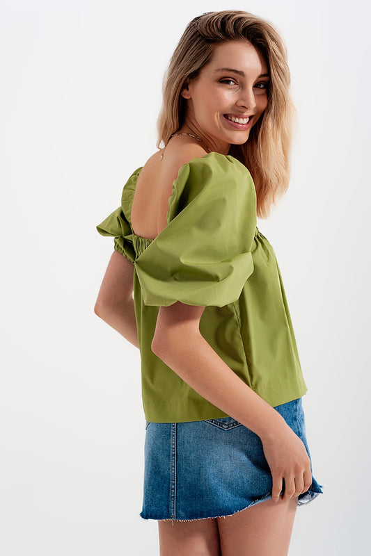 Poplin balloon sleeve top in green - Tops