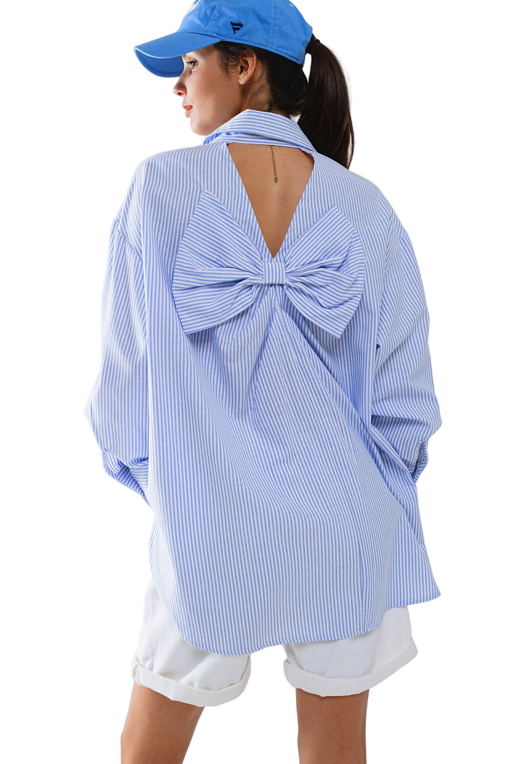 Poplin Oversize Striped Shirt With Bow Detail in Blue and White - Shirts