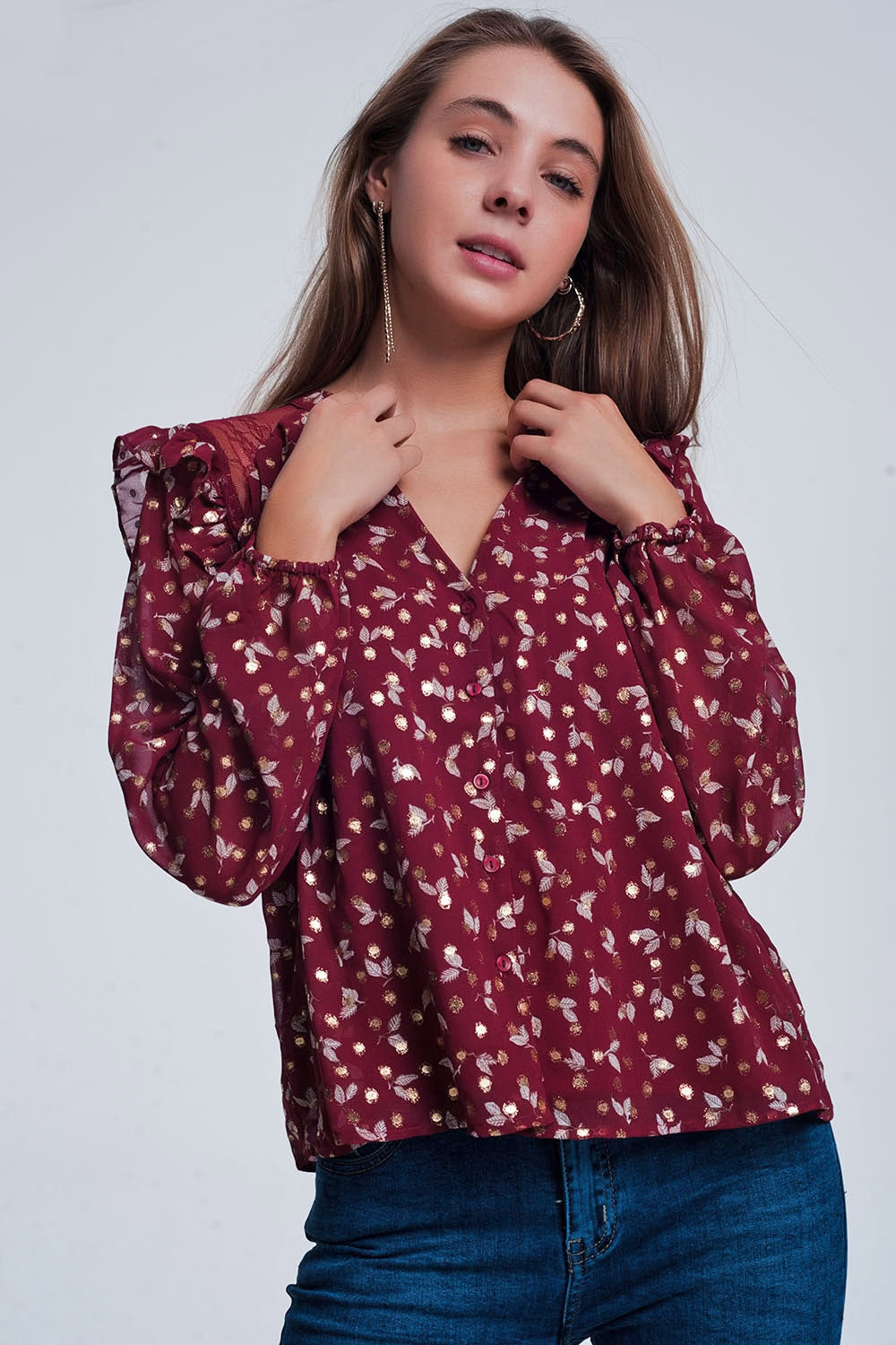 Print ruffle shoulder maroon shirt - Shirts