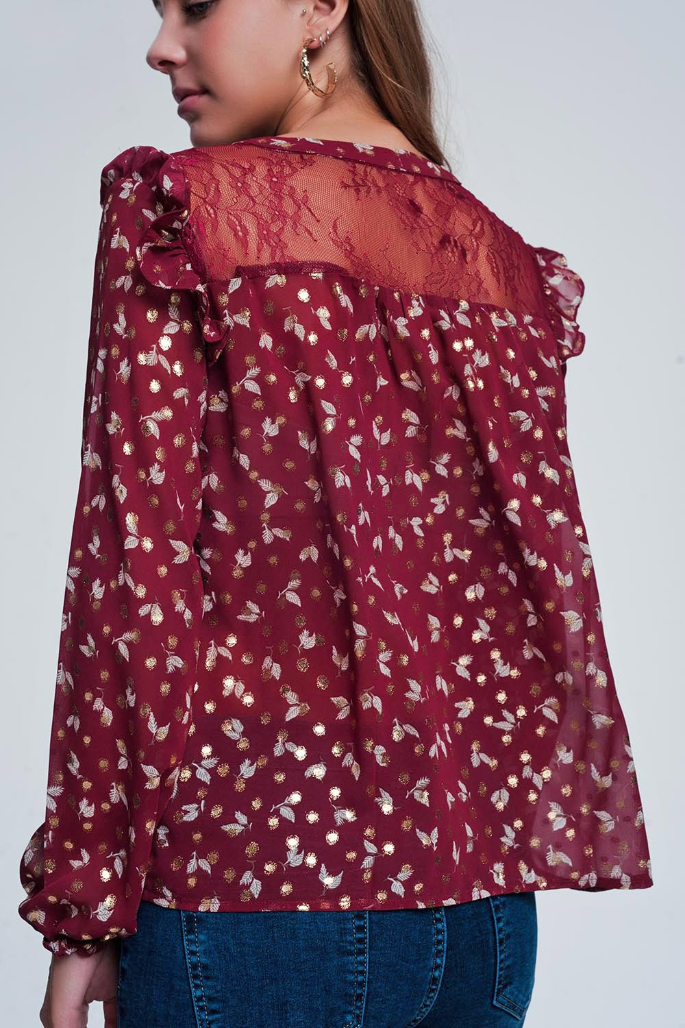 Print ruffle shoulder maroon shirt - Shirts