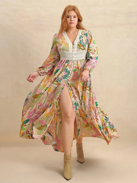 Plus Size Lace Detail Printed V-Neck Balloon Sleeve Dress - Dresses