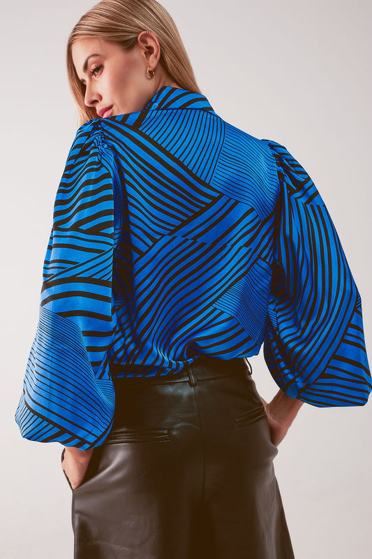 Puff sleeve printed blouse in blue - Blouses