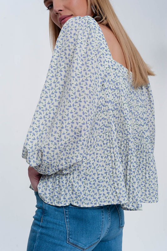 puff sleeve top with square neck in blue floral print - Tops