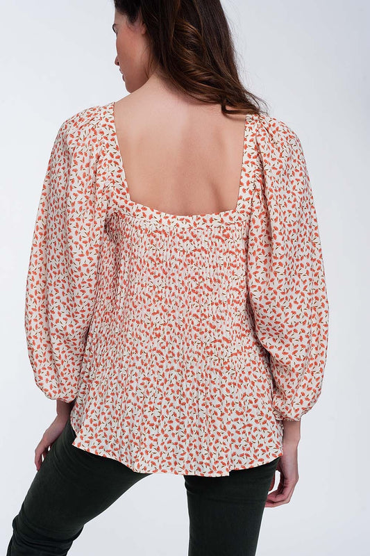 puff sleeve top with square neck in coral floral print - Tops