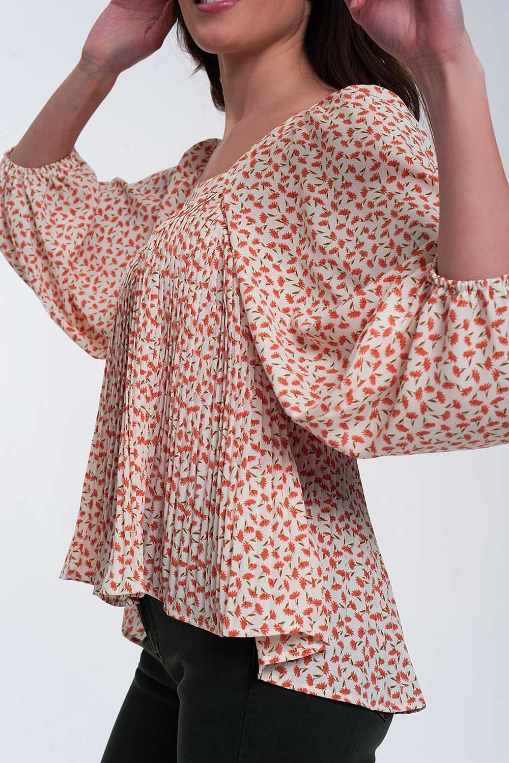 puff sleeve top with square neck in coral floral print - Tops
