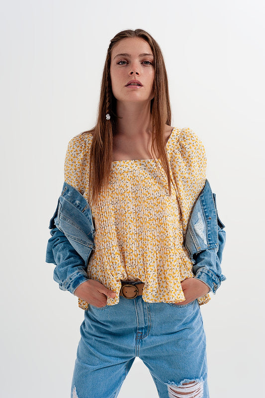 Puff sleeve top with square neck in yellow floral print - Tops