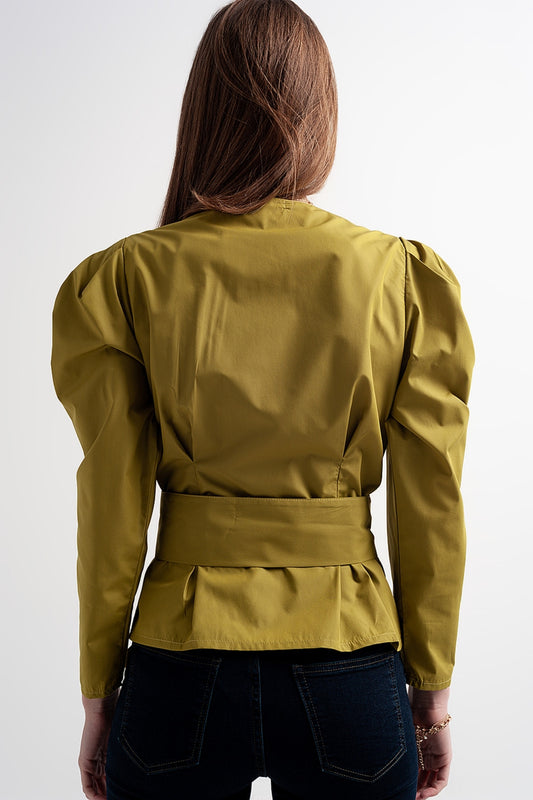 Puff sleeve wrap front top with belt detail in green - Tops