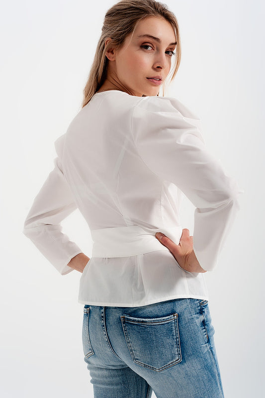 Puff sleeve wrap front top with belt detail in white - Tops