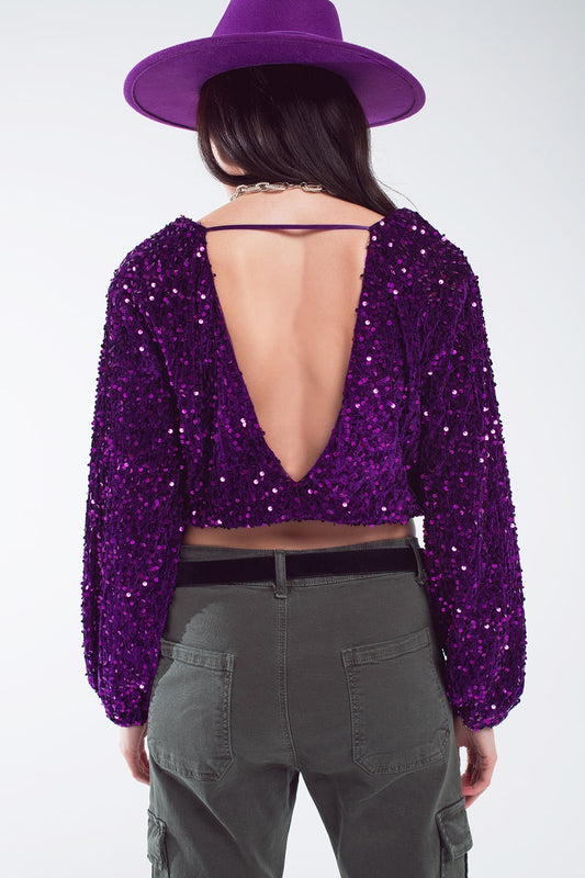 Purple sequin top with V-Neckline ballon sleeves and Open Back - Tops