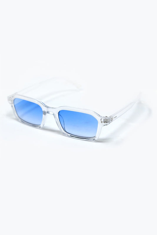 Rectangular Thick Acetate Clear Frame Sunglasses With blue Smoke Lense -