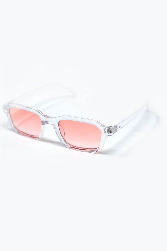 Rectangular Thick Acetate Clear Frame Sunglasses With Peach Smoke Lense -