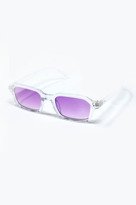 Rectangular Thick Acetate Clear Frame Sunglasses With Purple Smoke Lense -