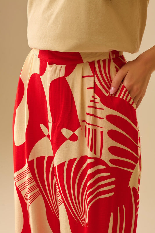 Red abstract print wide-leg trousers - Pants