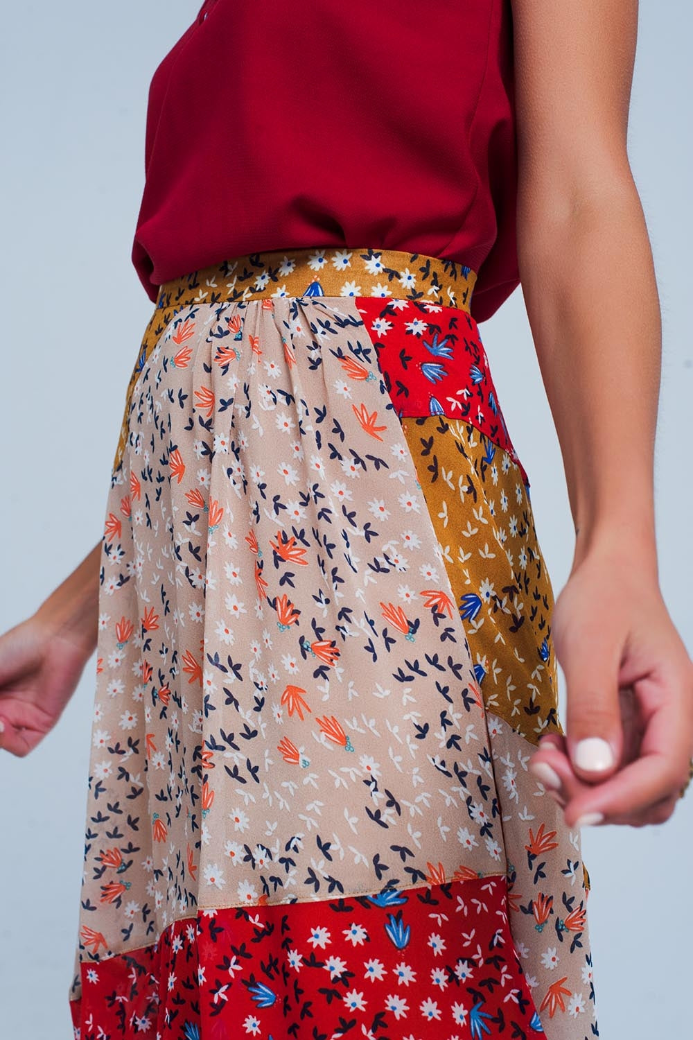 Red floral meadow bias cut midi skirt - Skirts