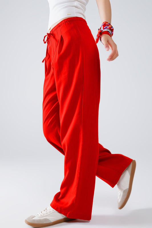 Red Relaxed Pants With Drawstring Closing And Side Pockets - Trousers