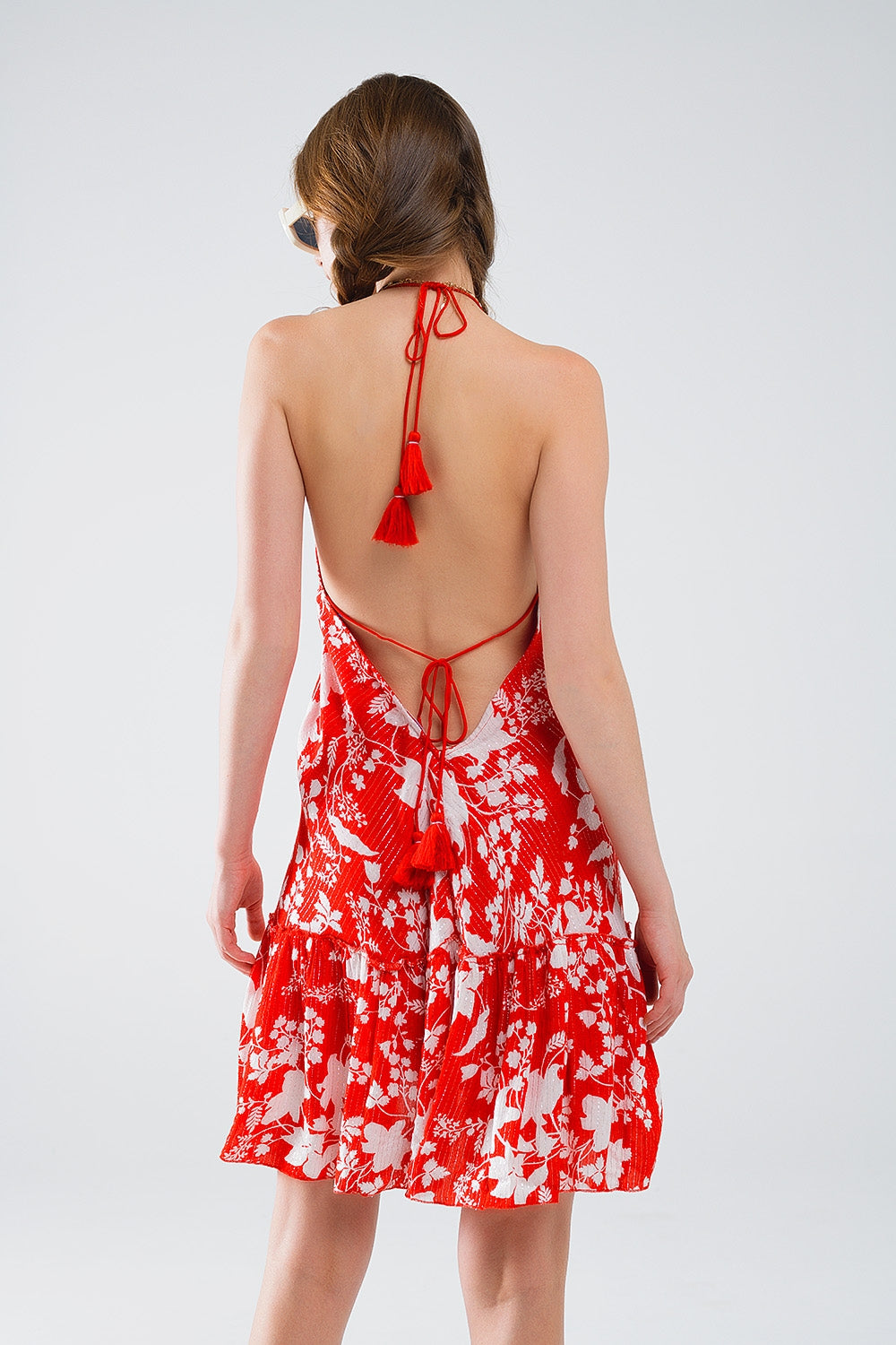 Red Short Boho flower print dress with lurex detail - Dresses